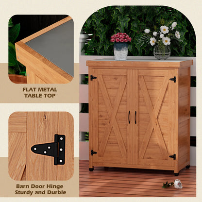 Durable Cedar Potting Bench w/Storage Cabinet & Metal Top - 31" Gray Outdoor Work Station for Patio, Balcony, Garden - Weather-Resistant, Stable X-Design