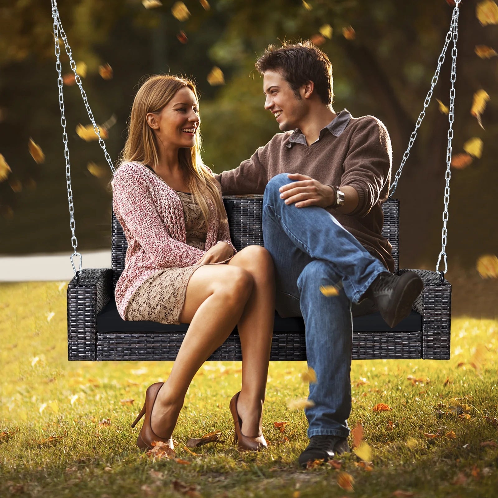 Topbuy Outdoor Wicker Porch Swing Bench 2-Person Patio Rattan Swing Chair W/Soft Cushions Black