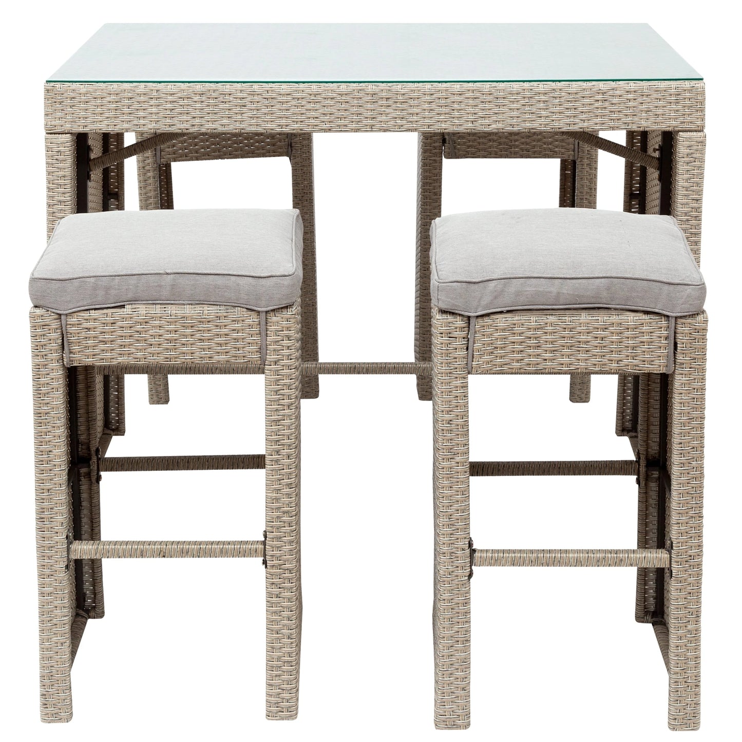 5-piece Patio Table Set Outdoor Furniture, Rattan Bar Dining Table and Chairs Set, Grass Top Table & 4 Cushioned Stools Bistro Set for Backyard Porch Poolside Indoor Use, Brown