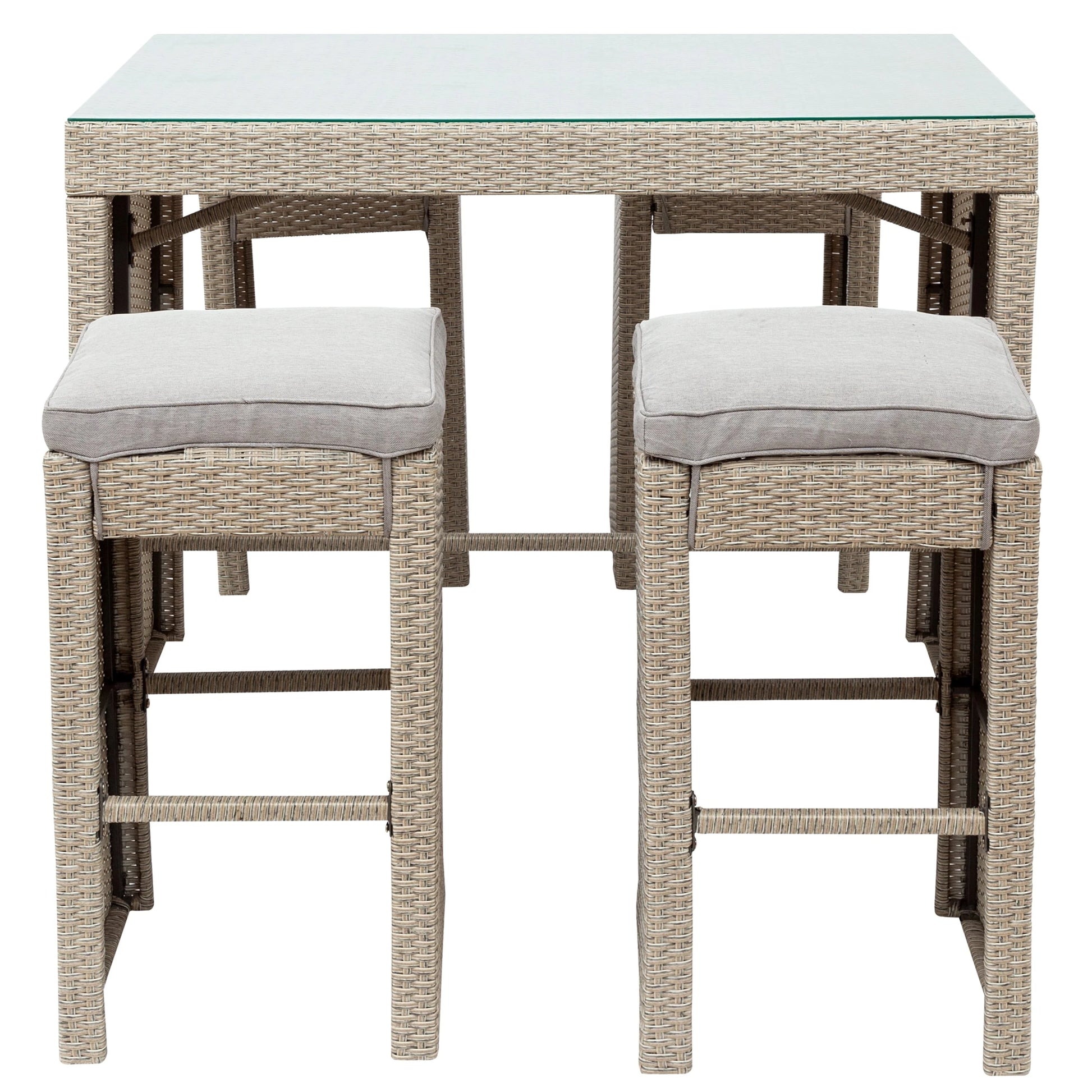 5-piece Patio Table Set Outdoor Furniture, Rattan Bar Dining Table and Chairs Set, Grass Top Table & 4 Cushioned Stools Bistro Set for Backyard Porch Poolside Indoor Use, Brown