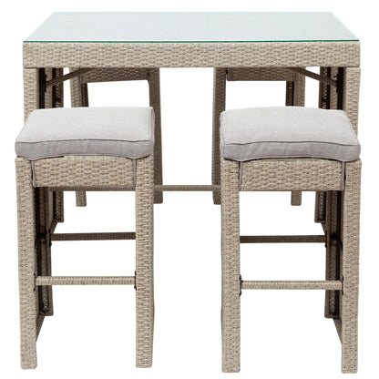5-piece Patio Table Set Outdoor Furniture, Rattan Bar Dining Table and Chairs Set, Grass Top Table & 4 Cushioned Stools Bistro Set for Backyard Porch Poolside Indoor Use, Brown