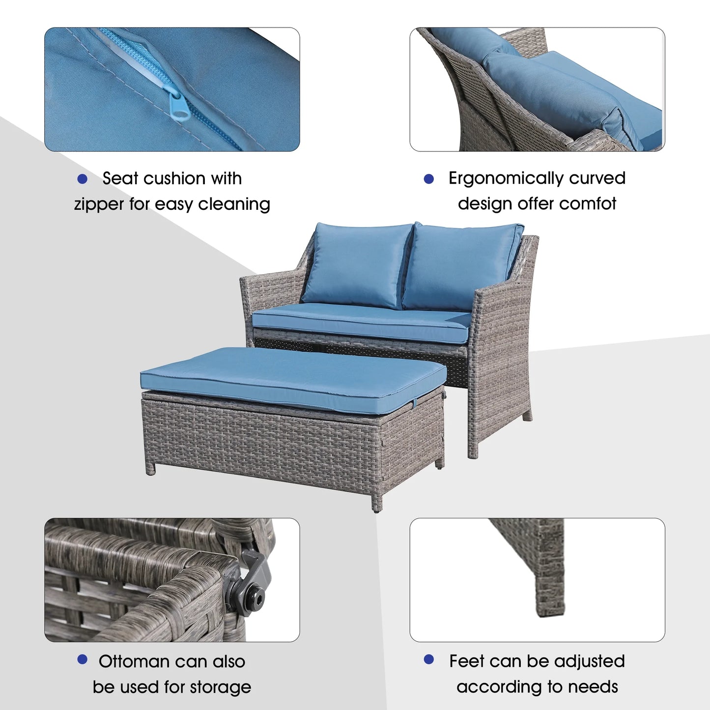 Outdoor Wicker Love Seat and Coffee Table Set, Weather Resistant Grey Rattan, Patio Furniture with Gray Cushions & Storage Bin
