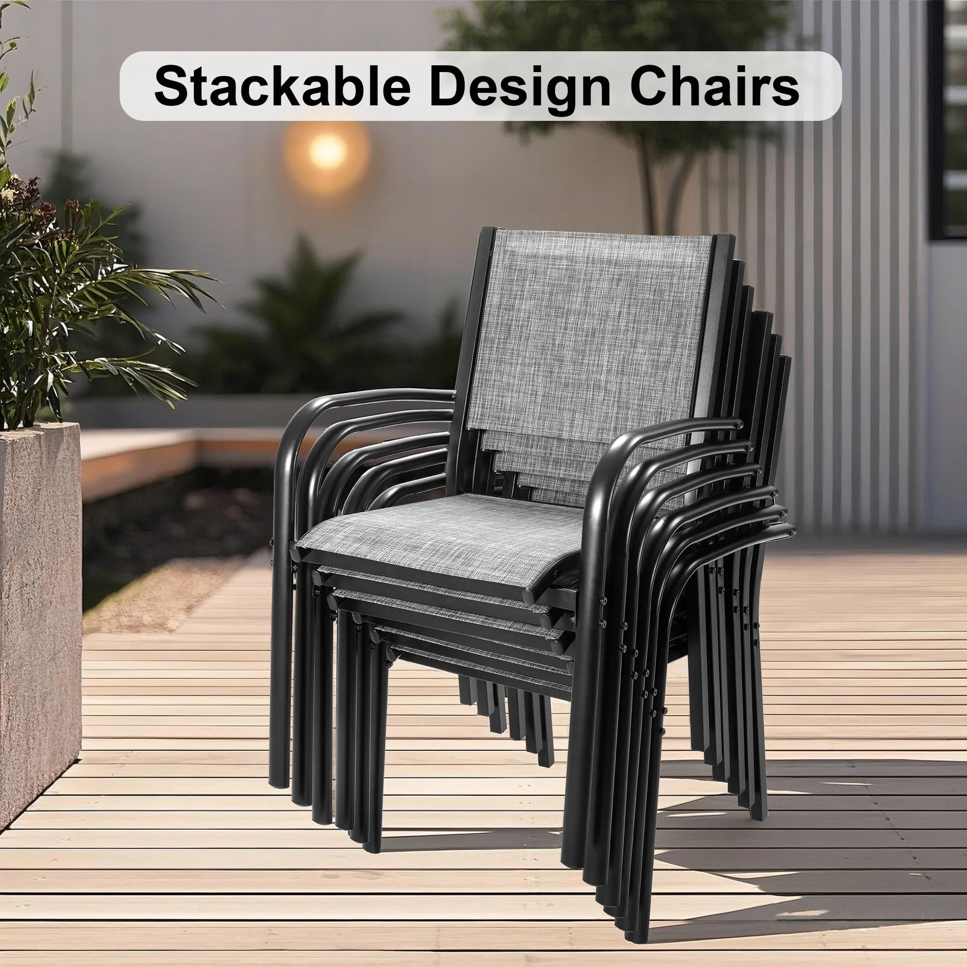 Patio Dining Set of 7, Outdoor Table and Chairs Textilene Design, Patio Furniture with Rectangle Plastic-wood Table, Space-saving Dining Table Set Stackable Design, Gray