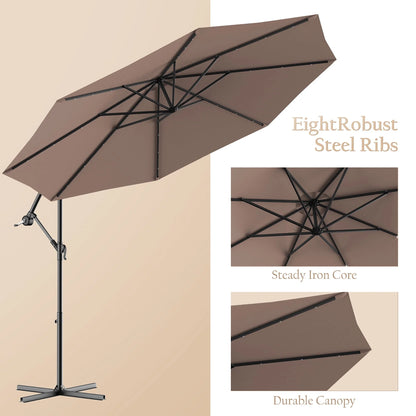 Costway 10' Hanging Solar LED Umbrella Patio Sun Shade Offset Market W/Base Tan