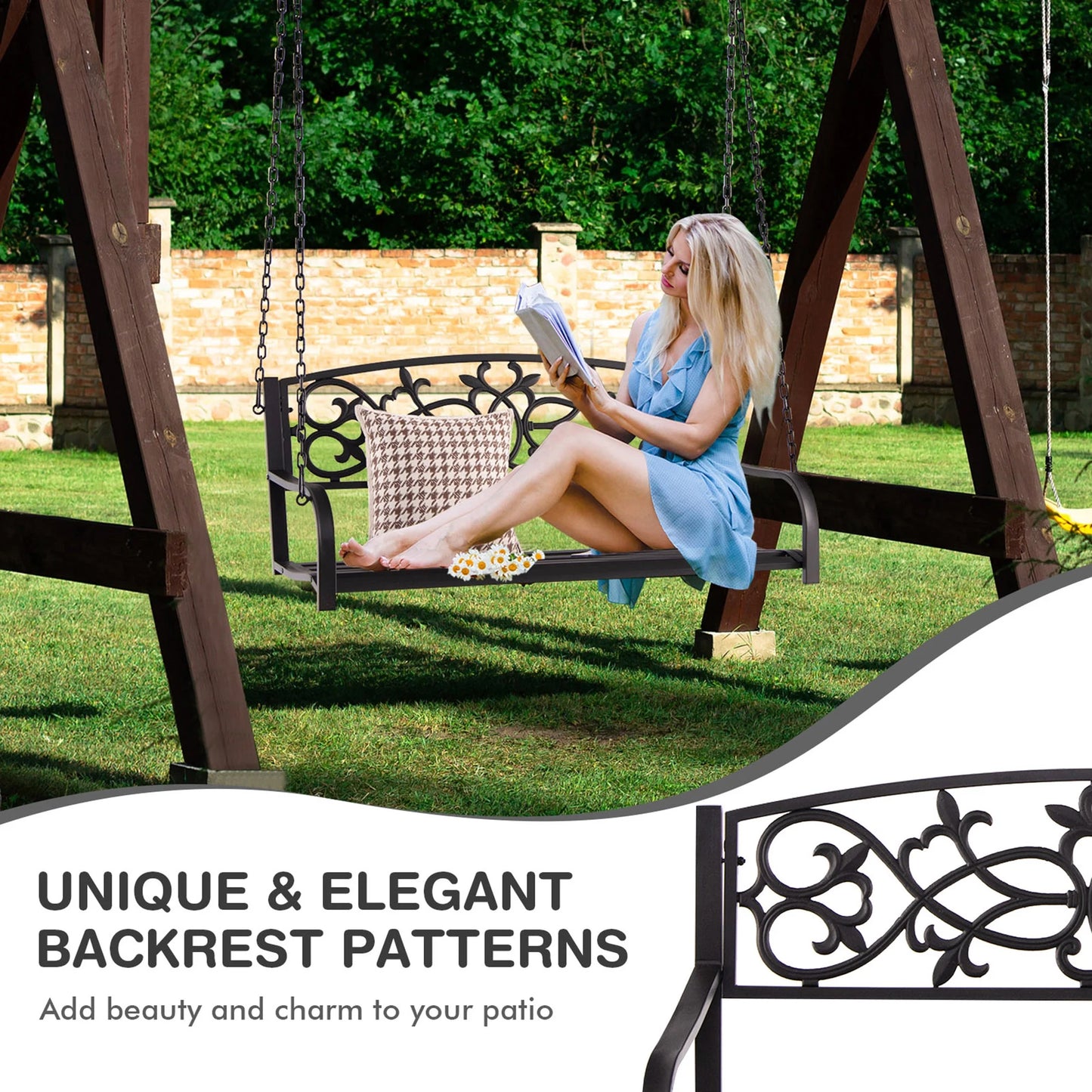 Gymax Patio Hanging Porch Swing 2-Person Outdoor Metal Swing Bench Chair w/Chains Brown
