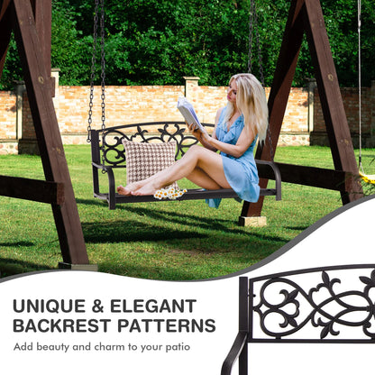 Gymax Patio Hanging Porch Swing 2-Person Outdoor Metal Swing Bench Chair w/Chains Brown