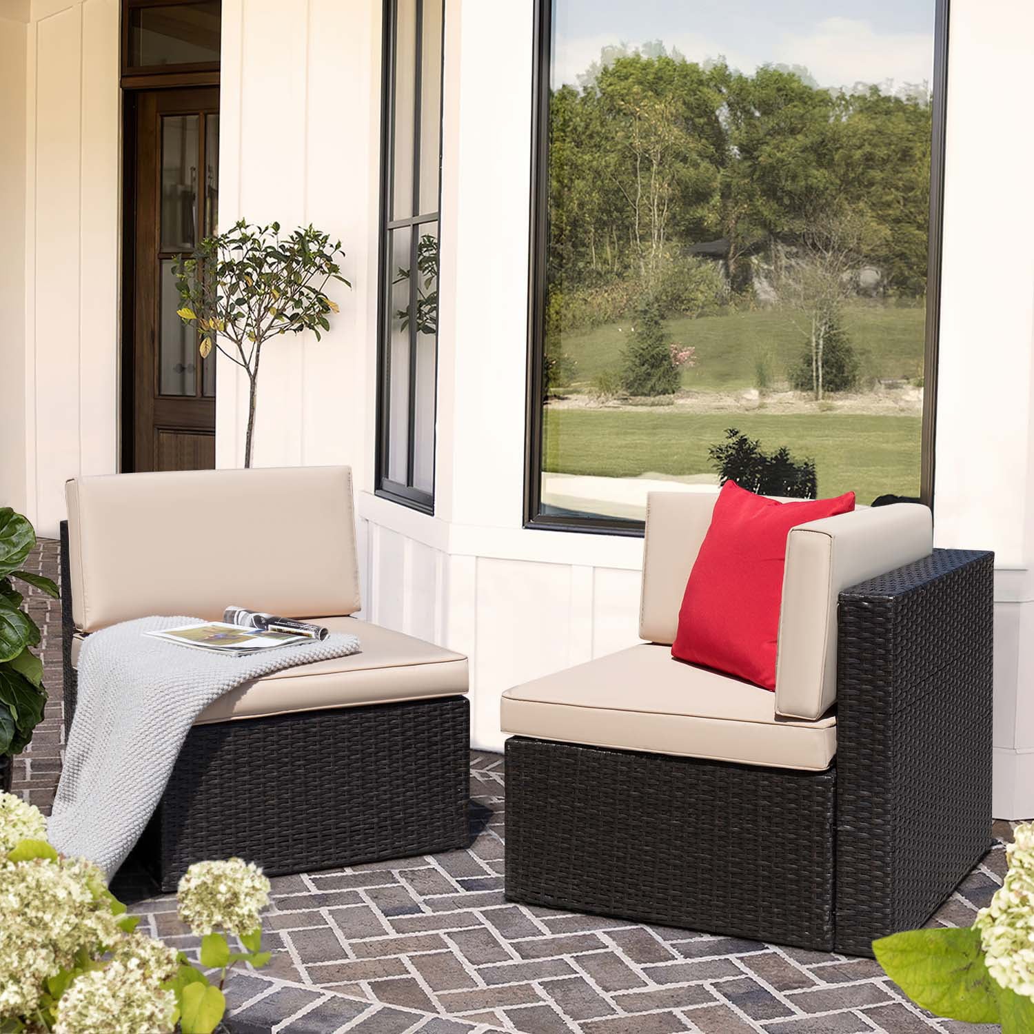 Devoko 2 Pieces Patio Sectional Set Outdoor Rattan Loveseat with Cushions & Red Pillow, Beige