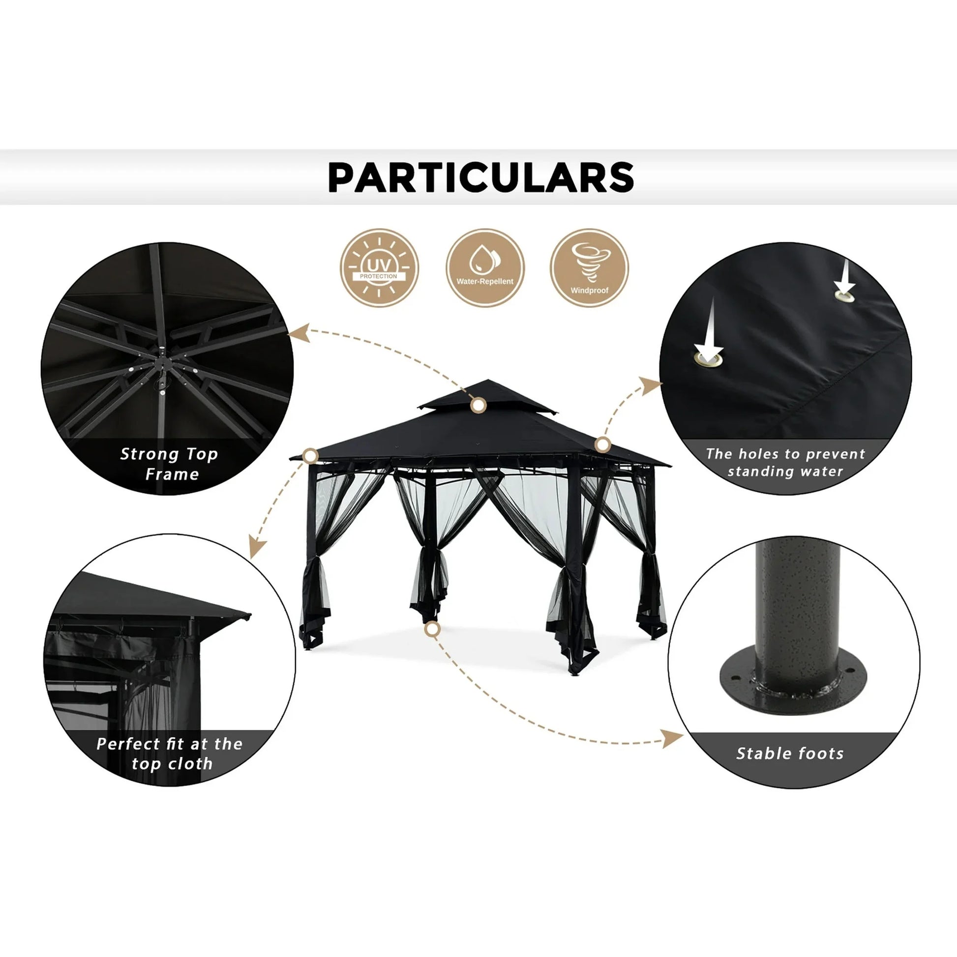 MASTERCANOPY 9' x 9' Outdoor Patio Gazebo Double Roof Steel Frame with Mesh Walls, Black