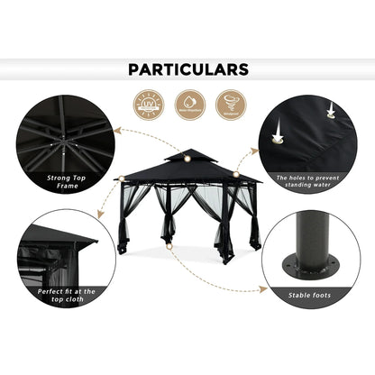 MASTERCANOPY 9' x 9' Outdoor Patio Gazebo Double Roof Steel Frame with Mesh Walls, Black