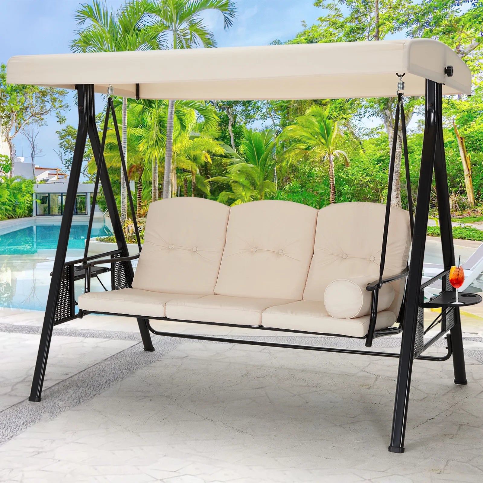 AECOJOY 3 Persons Outdoor Patio Canopy Steel Porch Swing Chair-Beige, Porch Swing