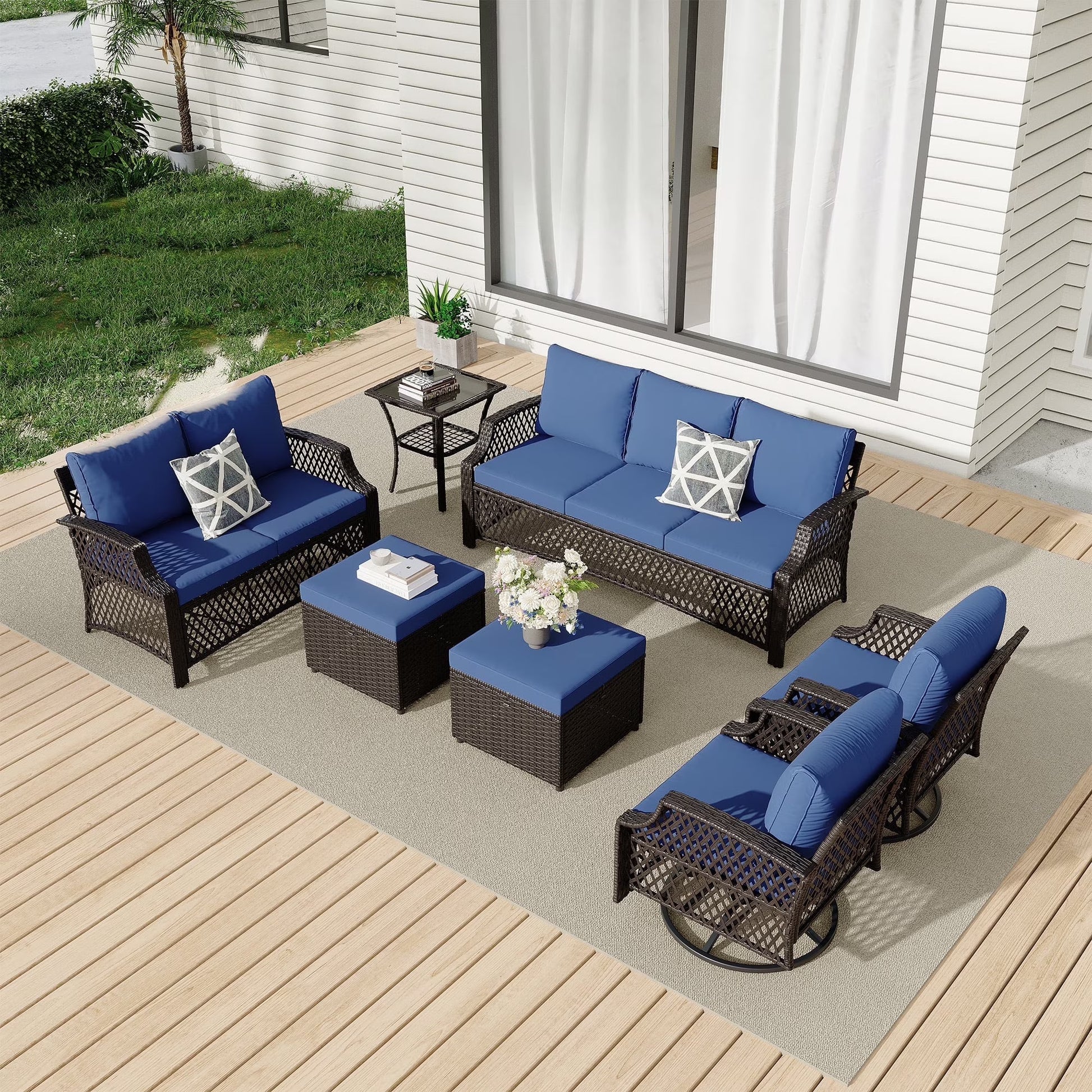 Vicluke 8 Piece Patio Furniture Set, Wicker Outdoor Conversation Sofa Set with Swivel Chairs, 2 Ottomans, Storage Coffee Table, Rattan Outdoor Sectional for Deck Backyard Porch 9 Seats, Khaki)