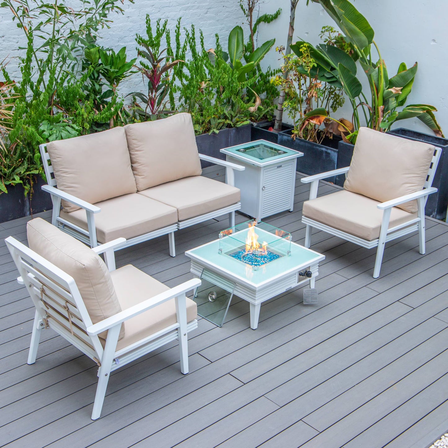 LeisureMod Walbrooke Modern Aluminum 5-Piece Patio Conversation Set with Outdoor Square Fire Pit Table with Slats Design & Side Table Tank Holder (Green)