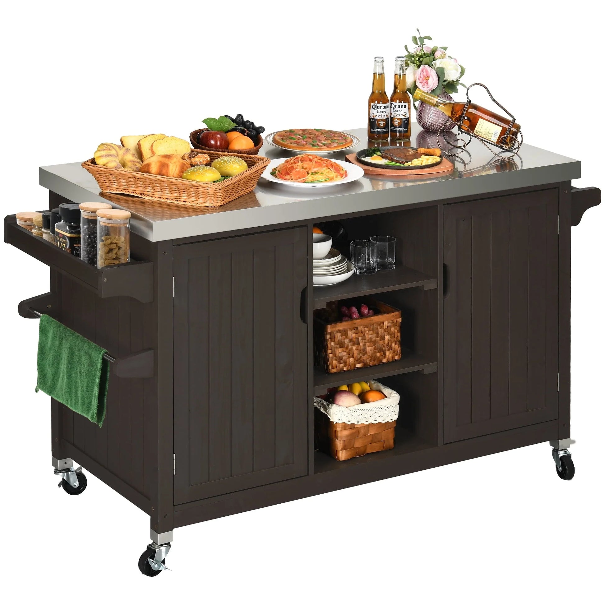 Dextrus XL Solid Wood Outdoor Storage Cabinet - Versatile Movable Outdoor Grill Cart with Stainless Steel Top, Spice Rack, and Side Handle, BBQ Patio Table, Outdoor Small Kitchen Table