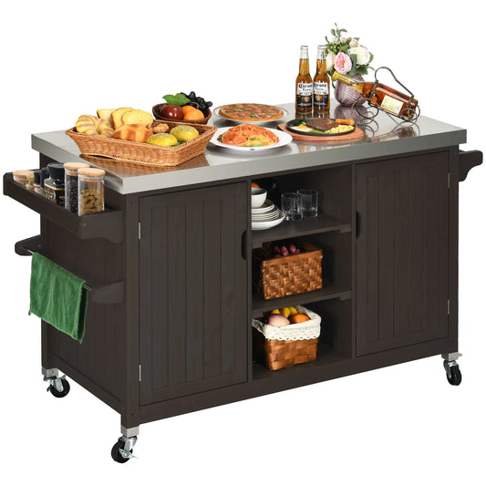 Dextrus XL Solid Wood Outdoor Storage Cabinet - Versatile Movable Outdoor Grill Cart with Stainless Steel Top, Spice Rack, and Side Handle, BBQ Patio Table, Outdoor Small Kitchen Table