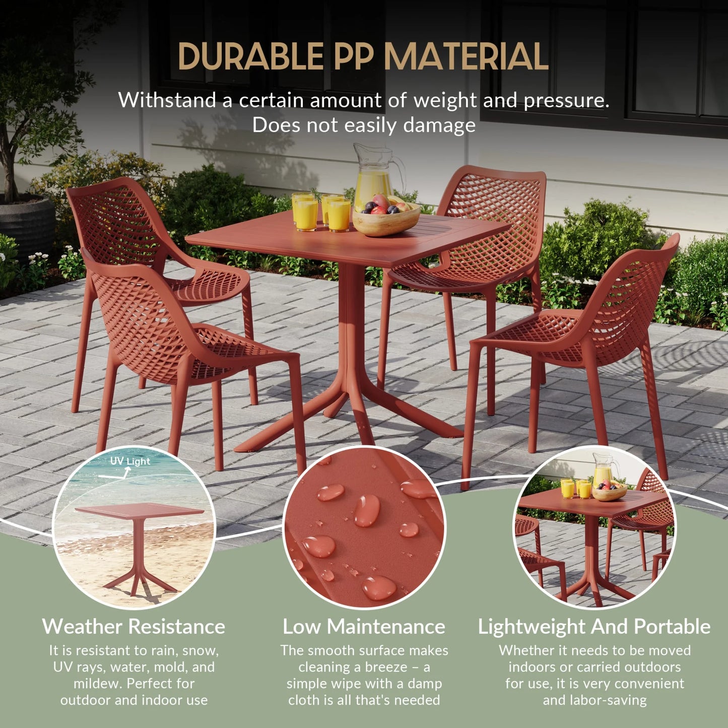 WestinTrends Playa 31.5" Square Outdoor Plastic Resin Patio Dining Table for 4, Red