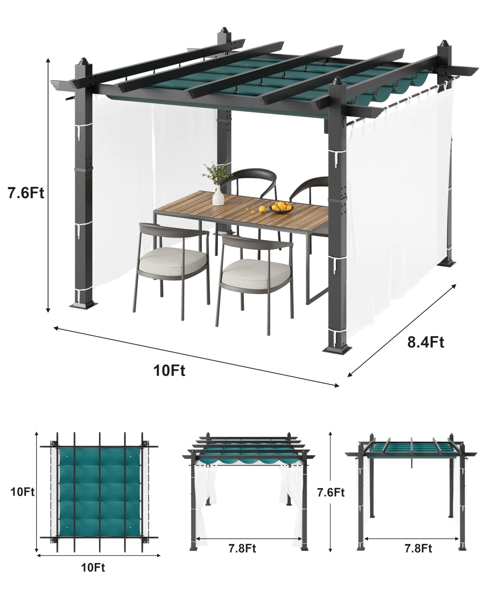 Outdoor Retractable Pergola with Sun Shade Canopy, 10' X 10'/10' X 13' Patio Metal Shelter for Garden Porch Beach Pavilion Grill Gazebo, Modern Yard Grape Trellis Pergola