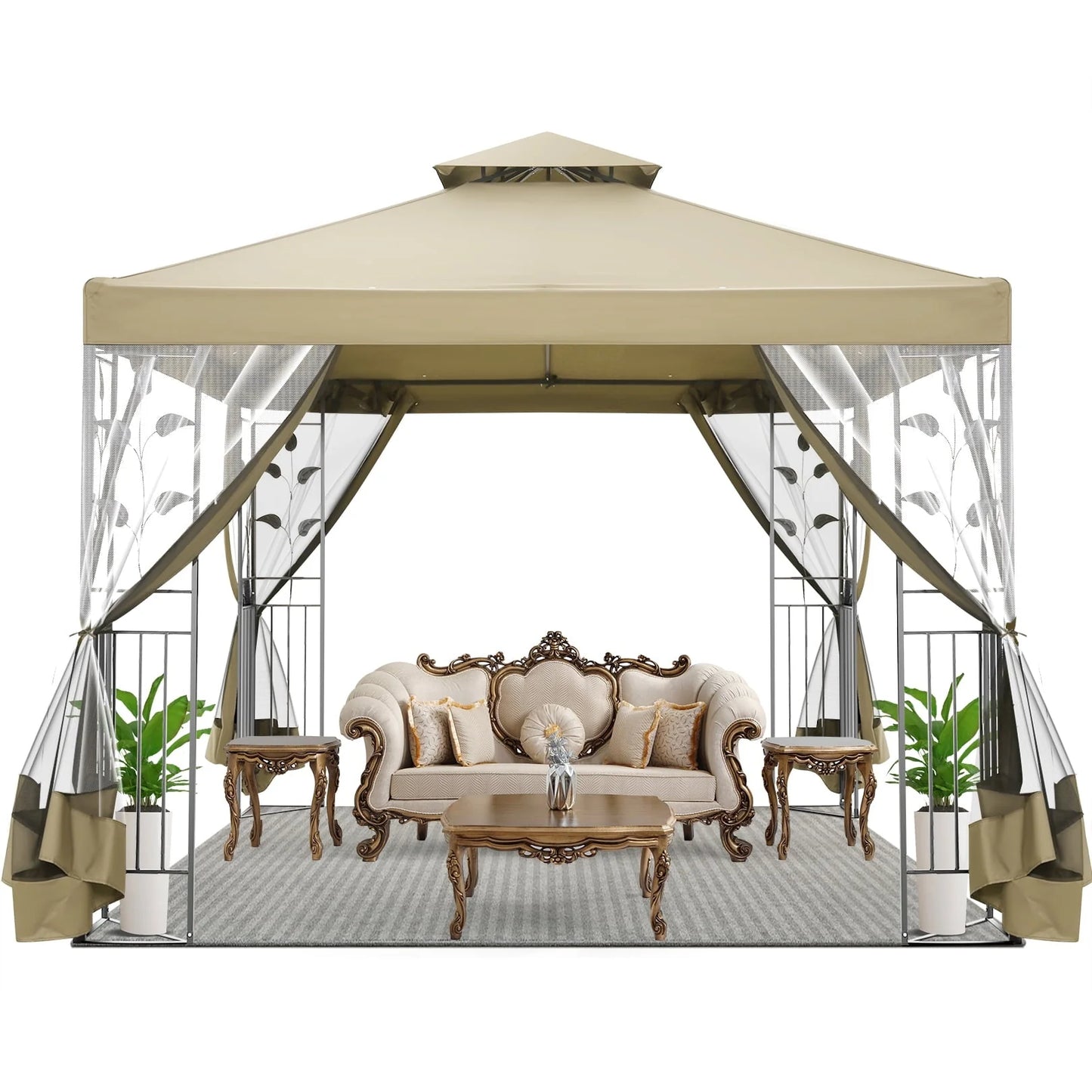 SANOPY 10'x 10' Metal Patio Gazebo, Outdoor Gazebo Canopy Tent for Backyard with Mesh Privacy Curtains, Gazebos Shelter with Display Shelves, Steel Frame, Patio Covers for Shade and Rain