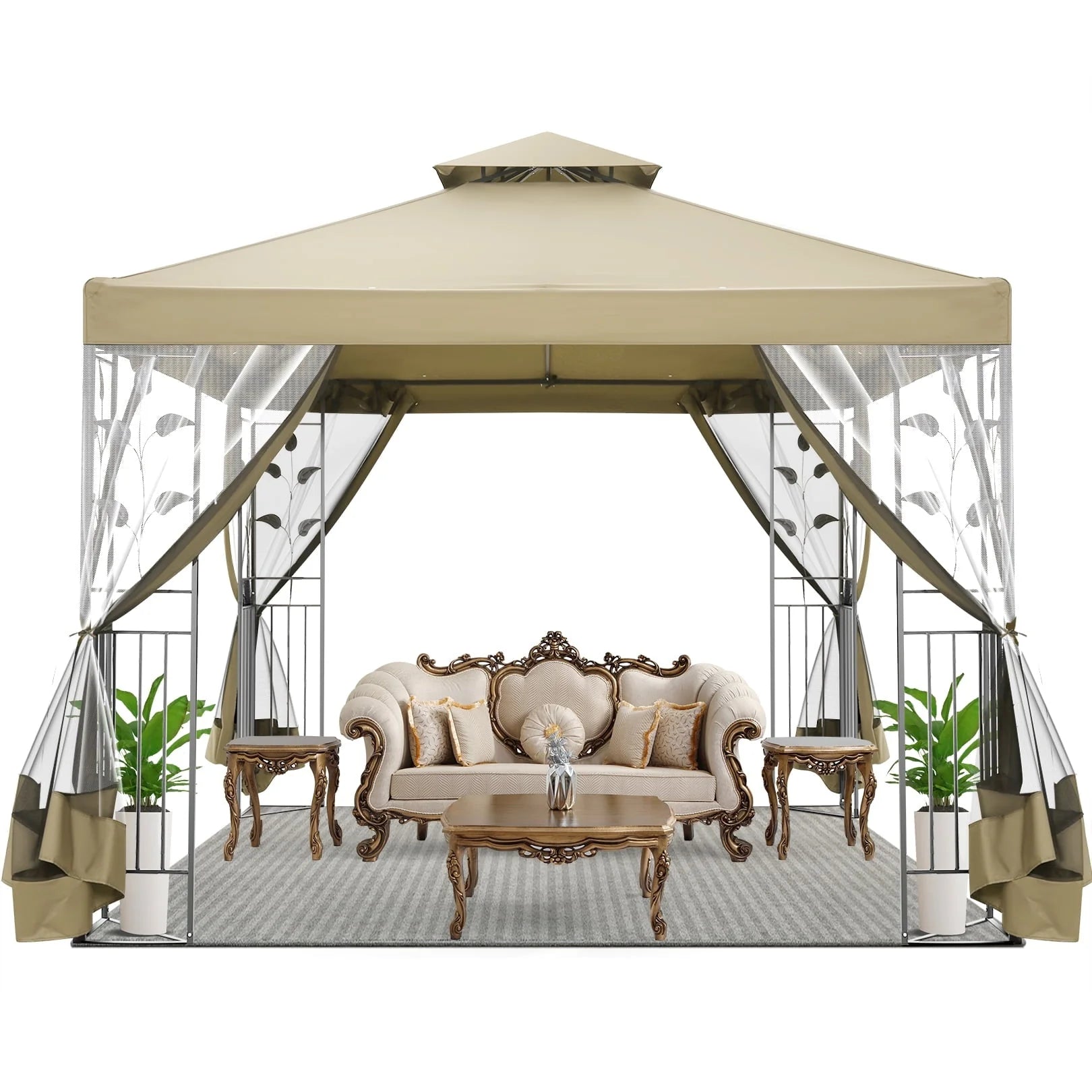 SANOPY 10'x 10' Metal Patio Gazebo, Outdoor Gazebo Canopy Tent for Backyard with Mesh Privacy Curtains, Gazebos Shelter with Display Shelves, Steel Frame, Patio Covers for Shade and Rain