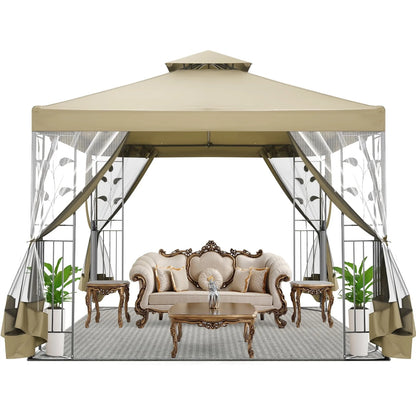 SANOPY 10'x 10' Metal Patio Gazebo, Outdoor Gazebo Canopy Tent for Backyard with Mesh Privacy Curtains, Gazebos Shelter with Display Shelves, Steel Frame, Patio Covers for Shade and Rain