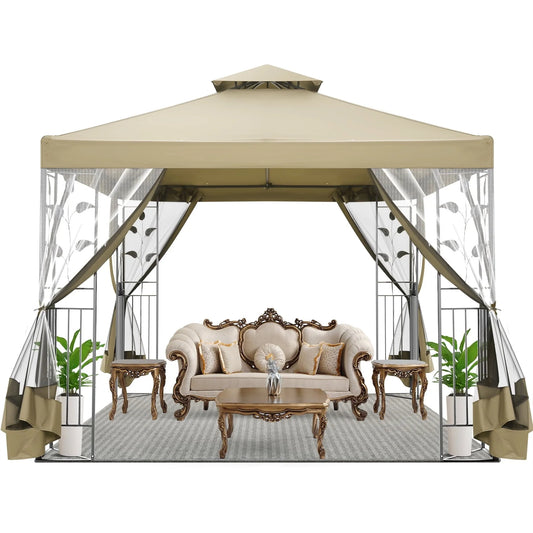 SANOPY 10'x 10' Metal Patio Gazebo, Outdoor Gazebo Canopy Tent for Backyard with Mesh Privacy Curtains, Gazebos Shelter with Display Shelves, Steel Frame, Patio Covers for Shade and Rain