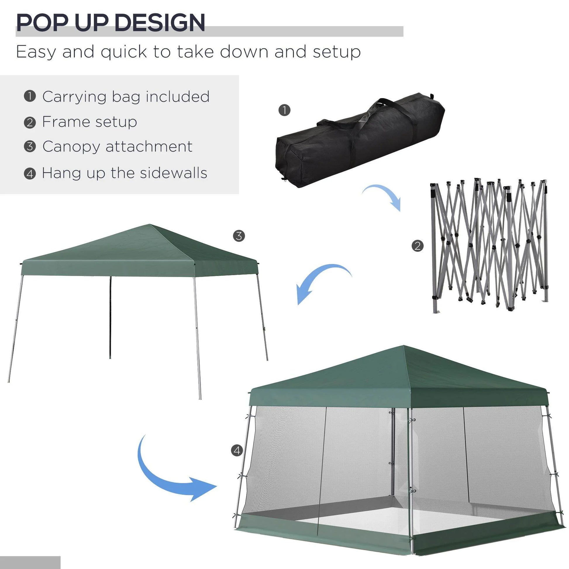 DUOSONG Outsunny Slant Leg Pop Up Canopy Tent With Netting And Carry Bag, Instant Sun Shelter, Tents For Parties, Height Adjustable, For Outdoor, Garden, Patio, (11.5'X11.5' Base/10'X10' Top),