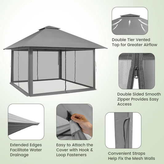 Gymax Outdoor Patio 13' x13' Pop Up Canopy Tent UV50+ Adjust Sun Protection w/Mesh Sidewall Grey