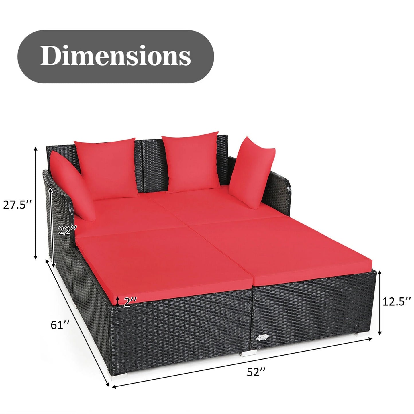 Giantex Rattan Daybed Patio Loveseat Sofa Set , Wicker Patio Furniture w/Padded Cushion & and Sturdy Foot, Red