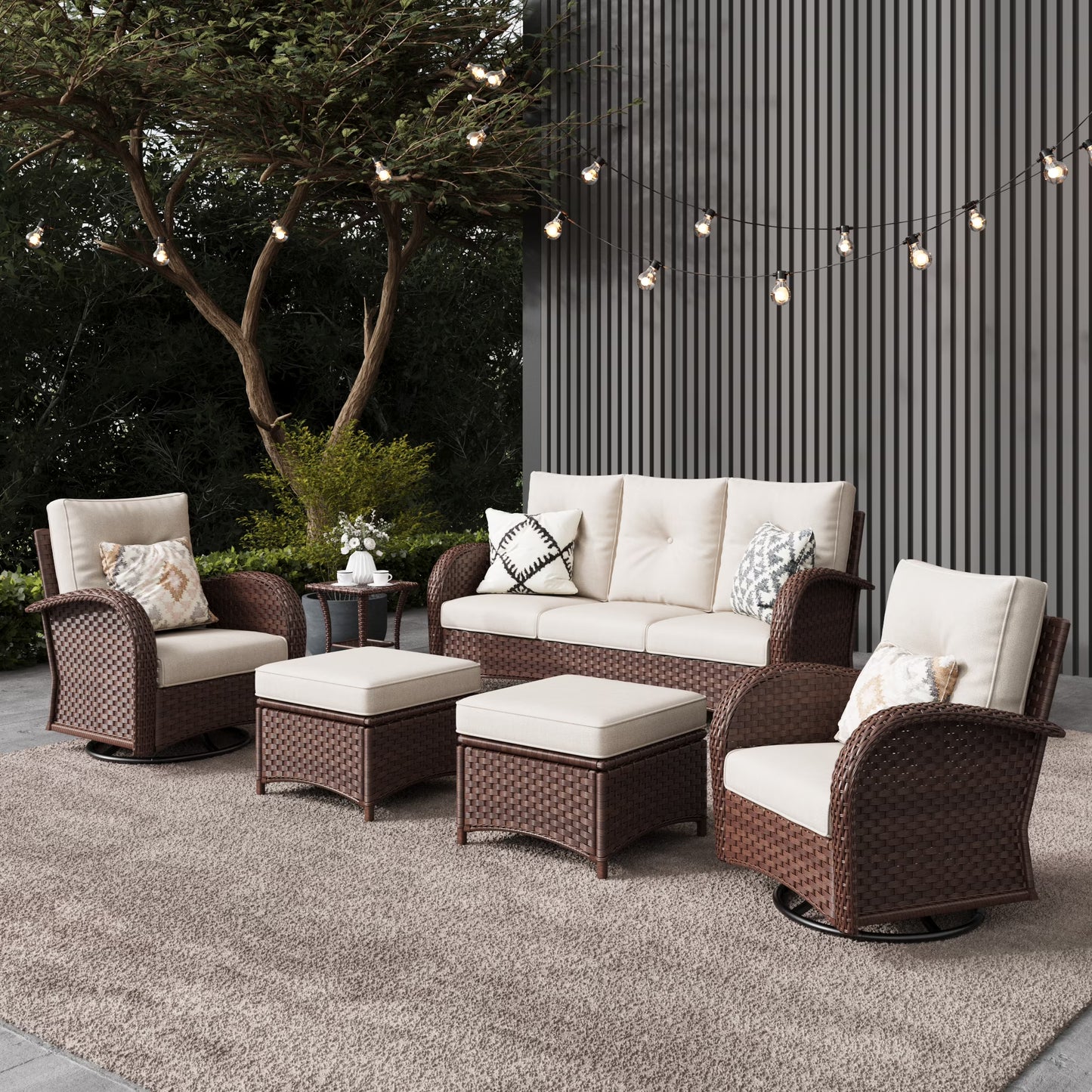 LayinSun 7 Pieces Outdoor Patio Furniture Set with Fire Pit Table, Rattan Wicker Sectional Swivel Rocker Chairs Sets