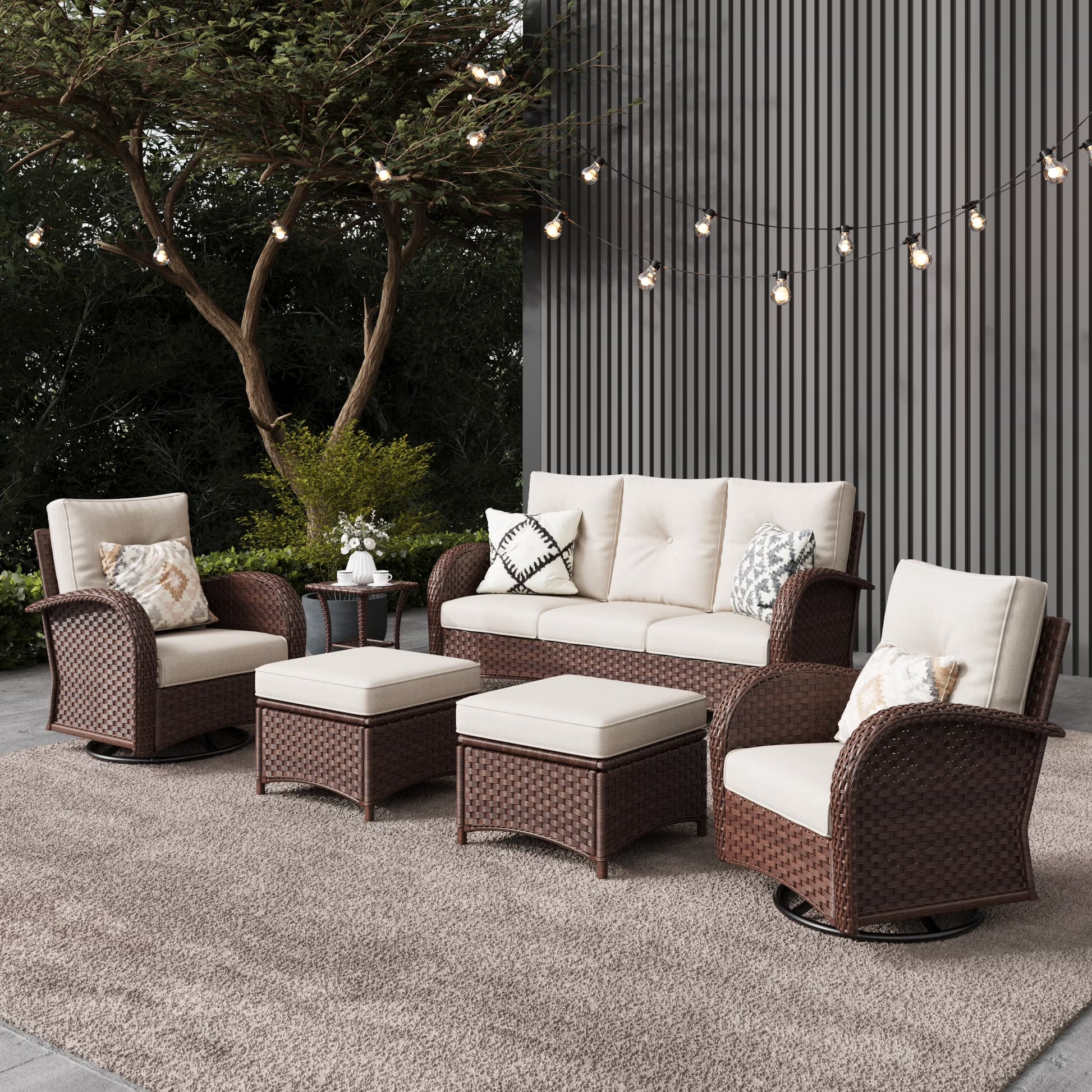 LayinSun 7 Pieces Outdoor Patio Furniture Set with Fire Pit Table, Rattan Wicker Sectional Swivel Rocker Chairs Sets