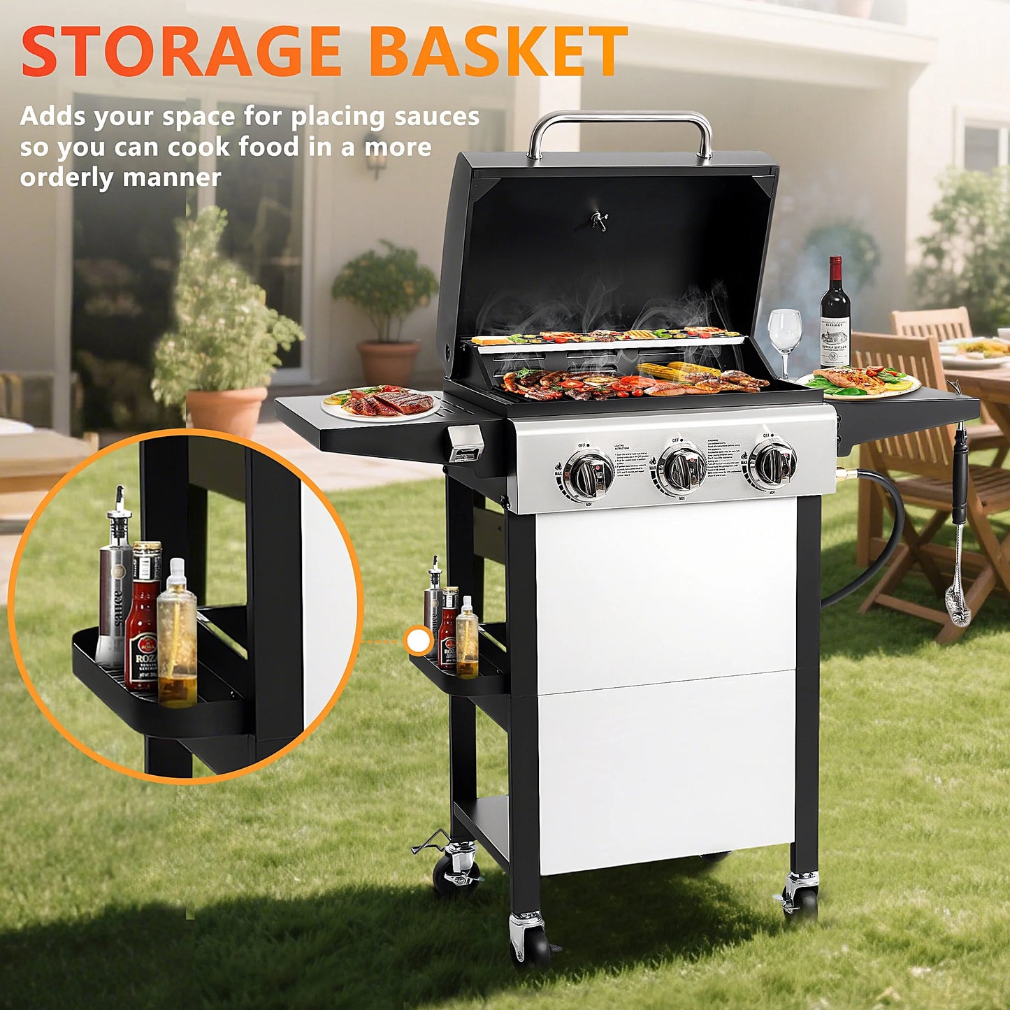 Segmart 3 Burner BBQ Propane Gas Grill, Stainless Steel 30,000 BTU Patio Garden Barbecue Grill with Folding Side Tables, Hanging Basket & Thermometer, Perfect for Camping, Outdoor Cooking