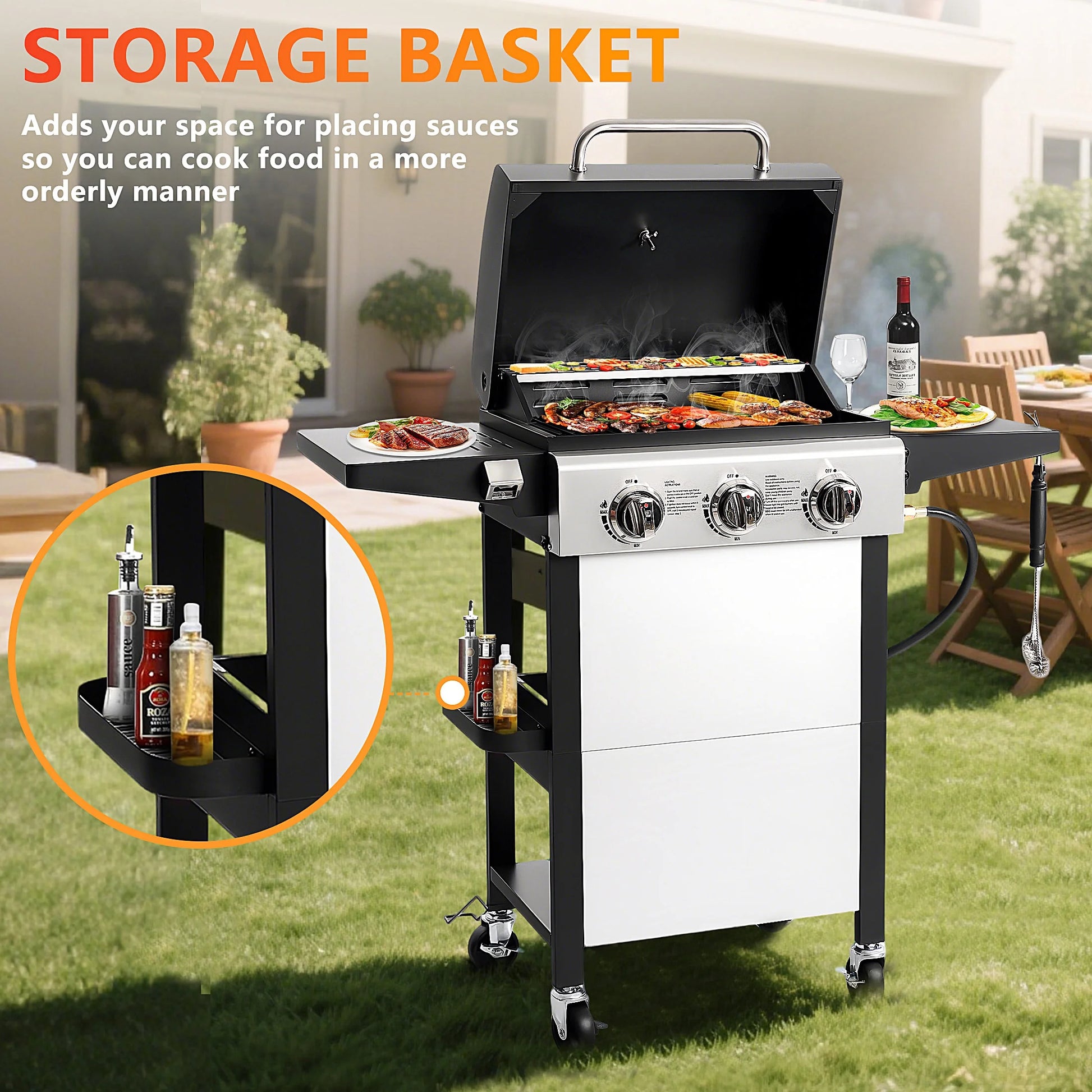Segmart 3 Burner BBQ Propane Gas Grill, Stainless Steel 30,000 BTU Patio Garden Barbecue Grill with Folding Side Tables, Hanging Basket & Thermometer, Perfect for Camping, Outdoor Cooking