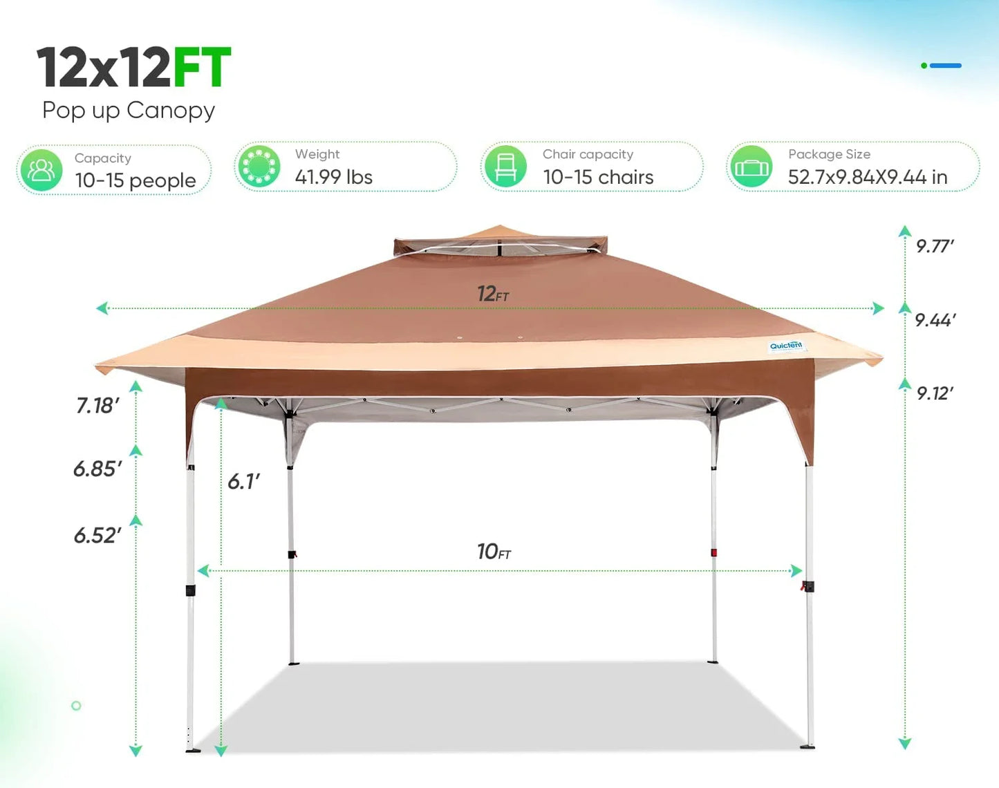 Quictent Pop up Canopy 12 x 12, One Person Set up Portable Instant Folding Shelter, Outdoor Canopy Tent with Extra Shade for Backyard, Patio, Party - Tan/Brown