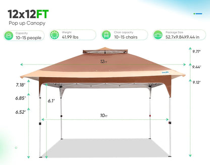 Quictent Pop up Canopy 12 x 12, One Person Set up Portable Instant Folding Shelter, Outdoor Canopy Tent with Extra Shade for Backyard, Patio, Party - Tan/Brown