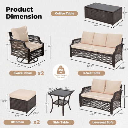 Vicluke 8 Piece Patio Furniture Set, Wicker Outdoor Conversation Sofa Set with Swivel Chairs, 2 Ottomans, Storage Coffee Table, Rattan Outdoor Sectional for Deck Backyard Porch 9 Seats, Khaki)
