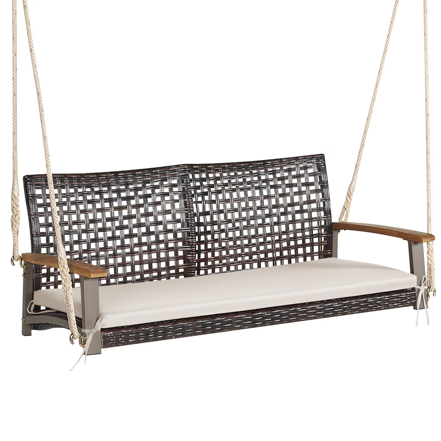 Costway 2-Person Patio Rattan Hanging Swing Chair Porch Loveseat Cushion Black