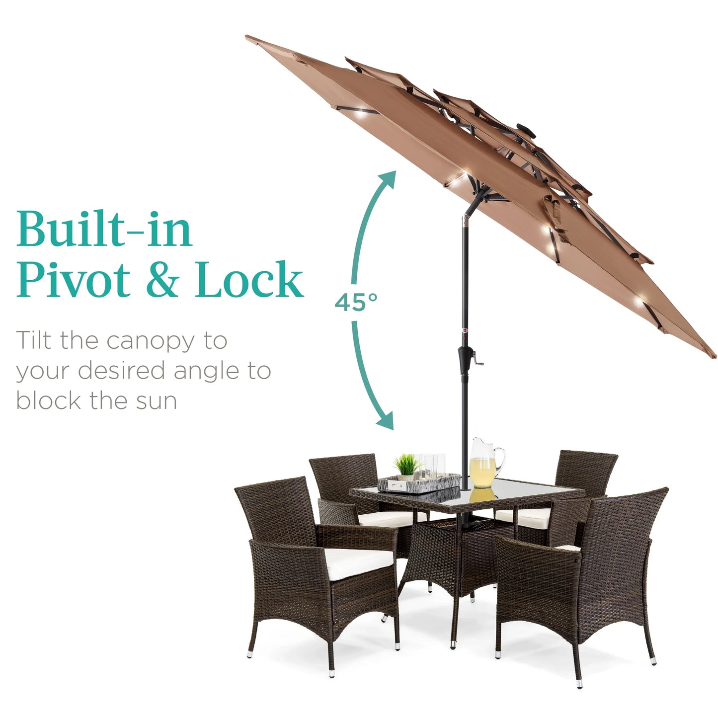 Best Choice Products 10ft 3-Tier Solar Patio Umbrella w/24 LED Lights, Tilt Adjustment, Easy Crank - Tan