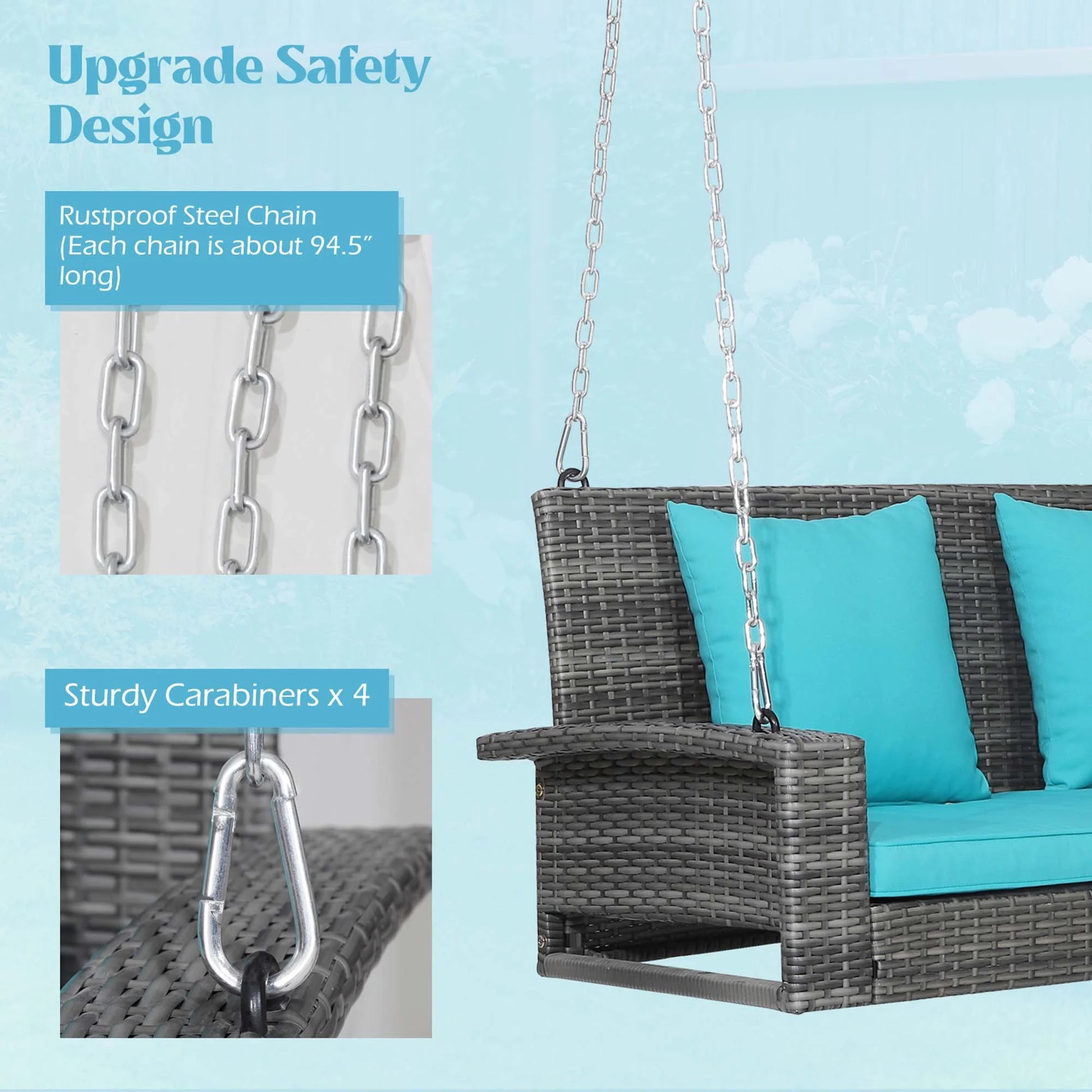 Gymax Fashion 2-Person Patio Hanging Porch Swing Rattan 800LBS Swing Bench w/Turquoise Cushions