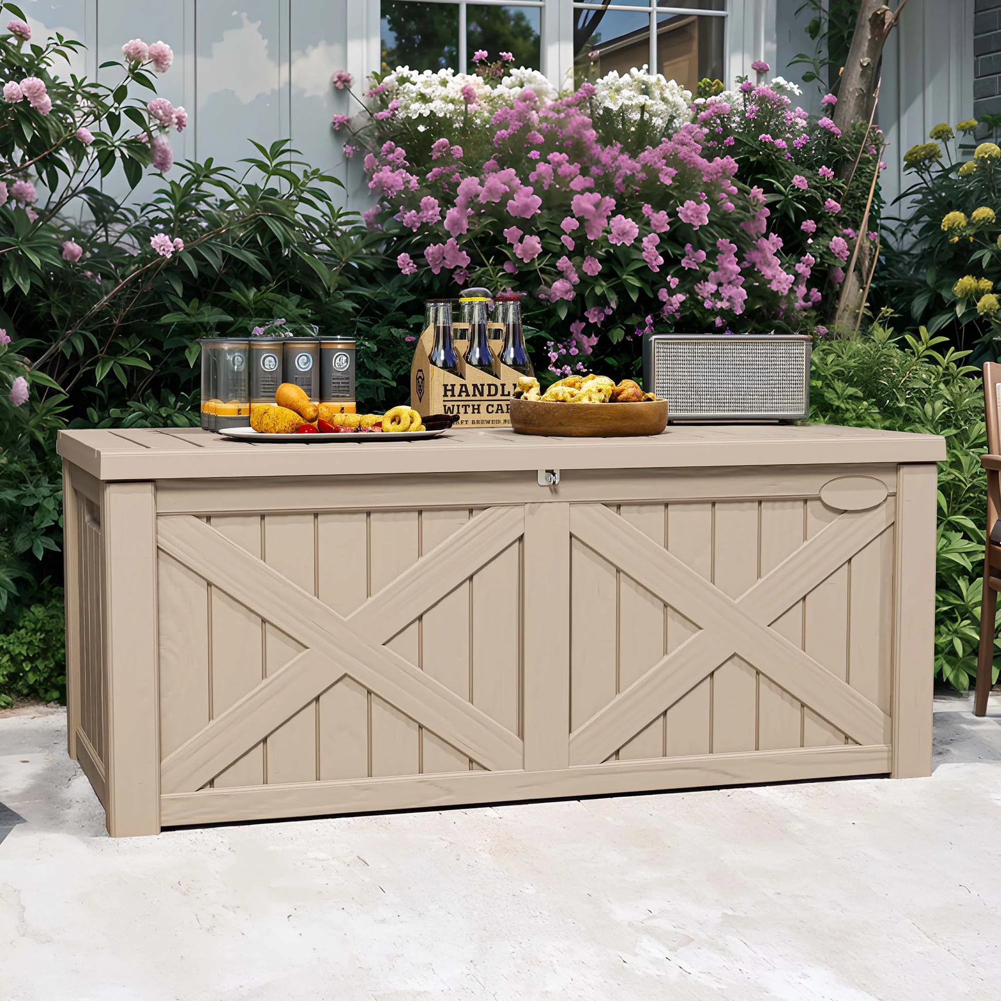 Uforic Outdoor 120 Gallon Large Resin Deck Box, Outdoor Storage Boxes with X-Shaped Front, for Patio Garden, Waterproof & Lockable, Light Brown