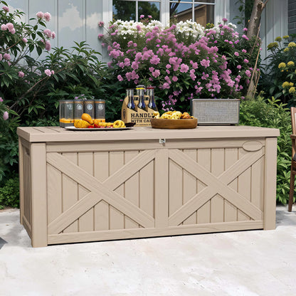 Uforic Outdoor 120 Gallon Large Resin Deck Box, Outdoor Storage Boxes with X-Shaped Front, for Patio Garden, Waterproof & Lockable, Light Brown
