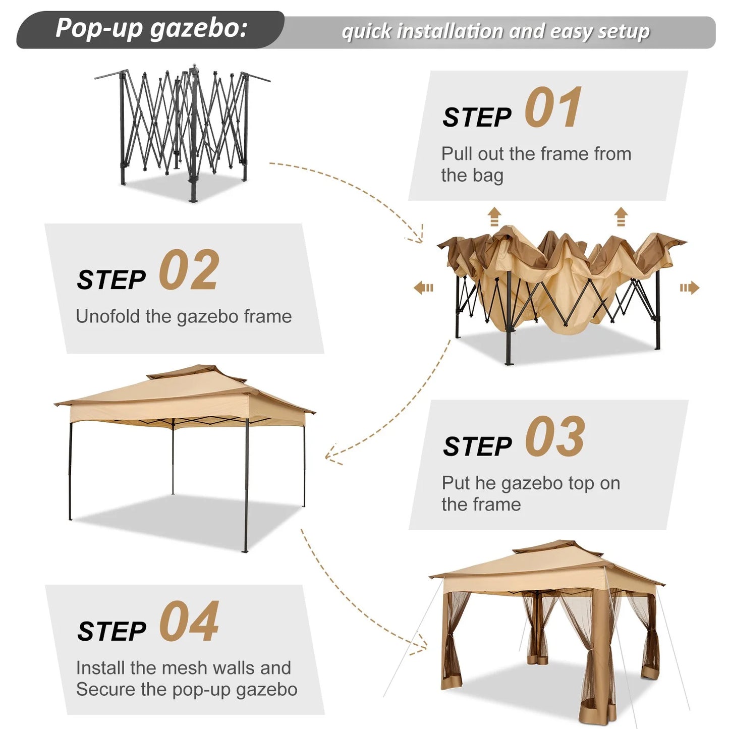 SANOPY 11 x 11 ft Outdoor Patio Gazebo with Ventilated Double Roof and Mosquito Net, Pop up Steel Canopy for Patios, Backyard, Garden and Beach