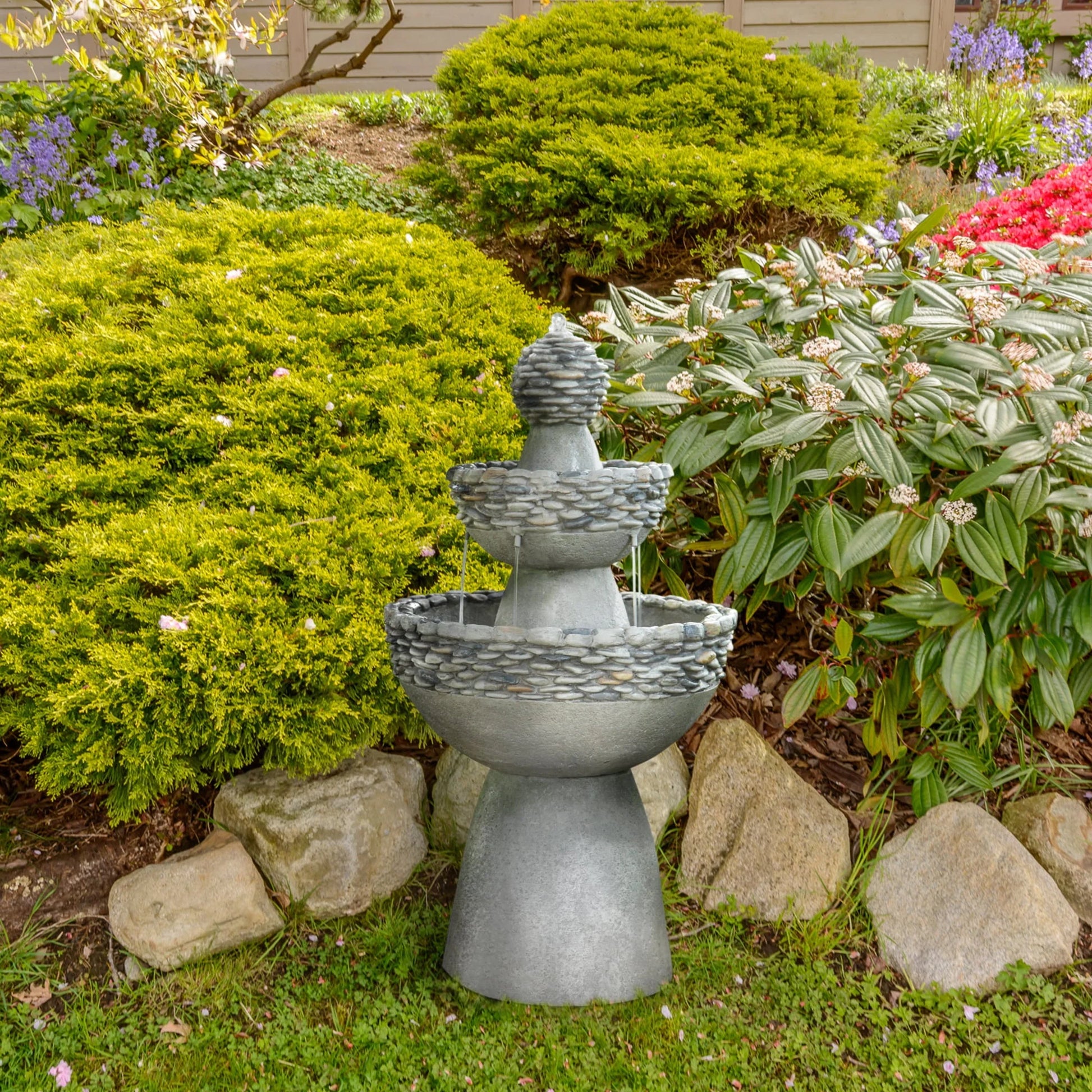 Teamson Home Patios Stone-Look 3-Tier Pedestal Floor Fountain, Gray