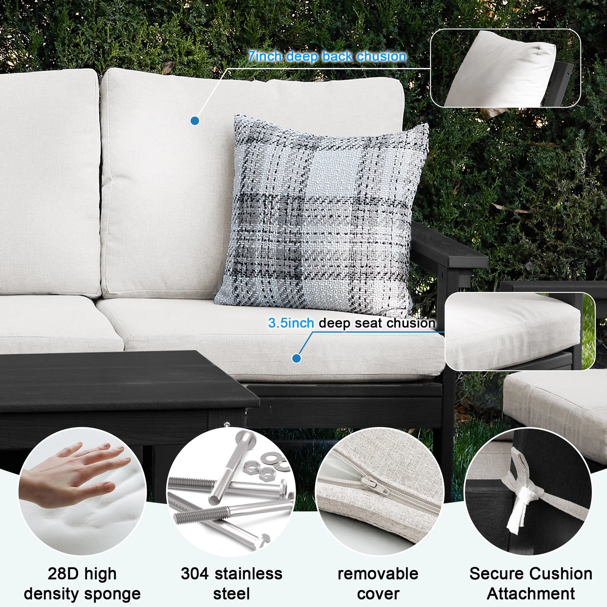 SERWALL Outdoor Patio Furniture Set, 7-Piece HDPE Outdoor Sofa Set Patio Conversation Set, Black Frame with Beige Cushions