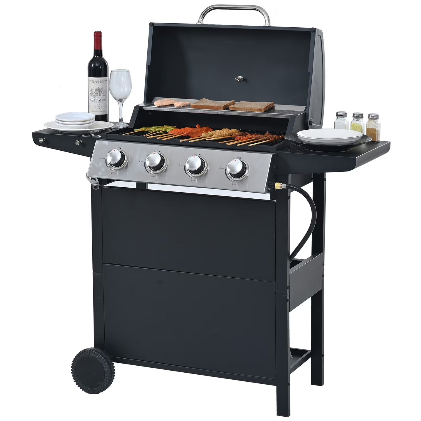 Propane Gas 4 Burner Barbecue Grill, Stainless Steel 34,000 BTU Patio Garden Barbecue Grill with Two Shelves, Lid, Wheels and Bottle Opener