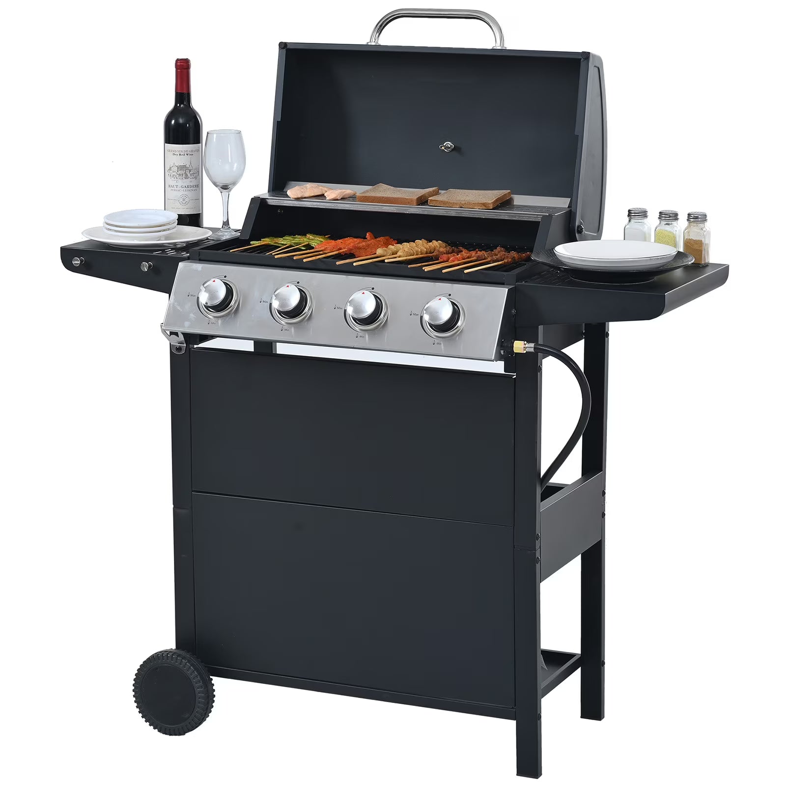 Propane Gas 4 Burner Barbecue Grill, Stainless Steel 34,000 BTU Patio Garden Barbecue Grill with Two Shelves, Lid, Wheels and Bottle Opener