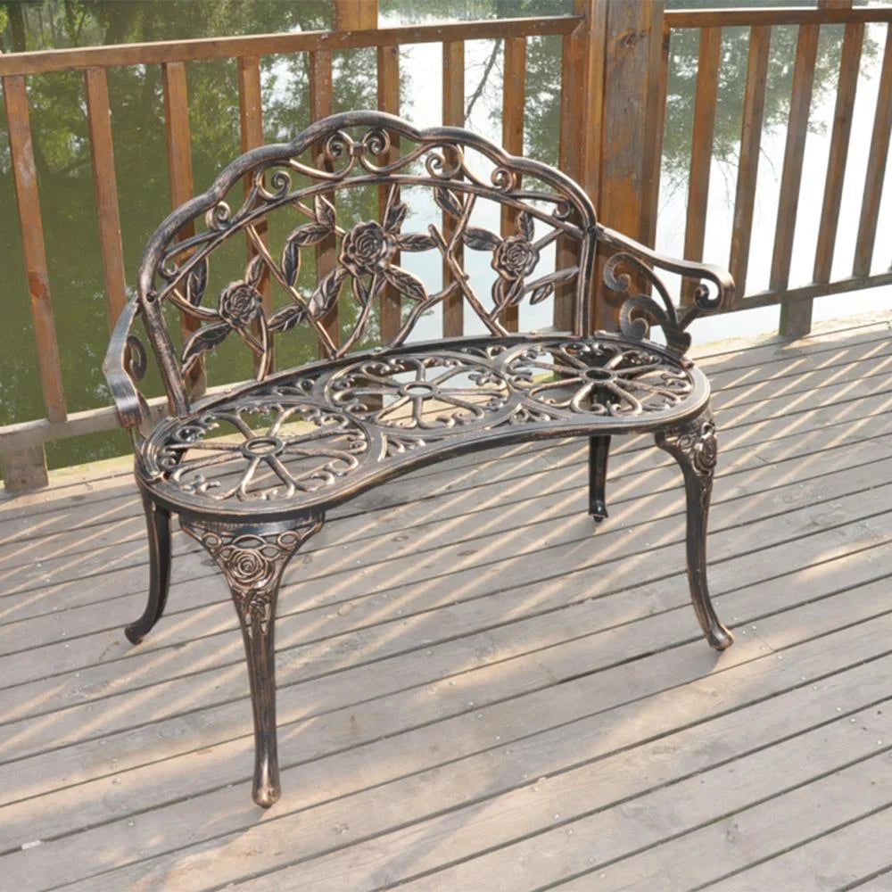 Zimtown Courtyard Park Outdoor Patio Bench Leisure Rose Cast Aluminum Chair, Metal Loveseat Bench for Garden Patio, Porch, Deck, Bronze
