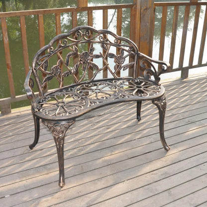Zimtown Courtyard Park Outdoor Patio Bench Leisure Rose Cast Aluminum Chair, Metal Loveseat Bench for Garden Patio, Porch, Deck, Bronze
