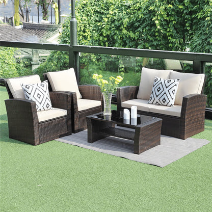 Superjoe 4 Pcs Outdoor Patio Furniture Sets, Wicker Rattan Conversation Set with Coffee table, Brown