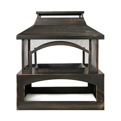 Outdoor Heater 37-Inch Rectangular Metal Outdoor Wood Burning Fireplace - Outdoor Fireplace with Built-in Log Storage and Poker-Brushed Bronze,Log Burner Fire Pit for Patio Garden And Backyard,Patio