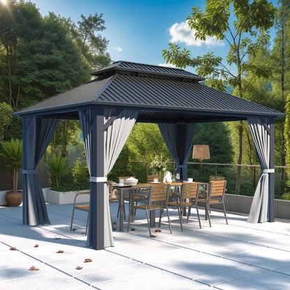 MUCHANT 10'x12' Hardtop Gazebo with Aluminum Frame, Permanent Outdoor Pavilion Metal Gazebo with Galvanized Steel Double Roof & Mosquito Netting and Curtains for Patios, Gardens, Lawns, Gray