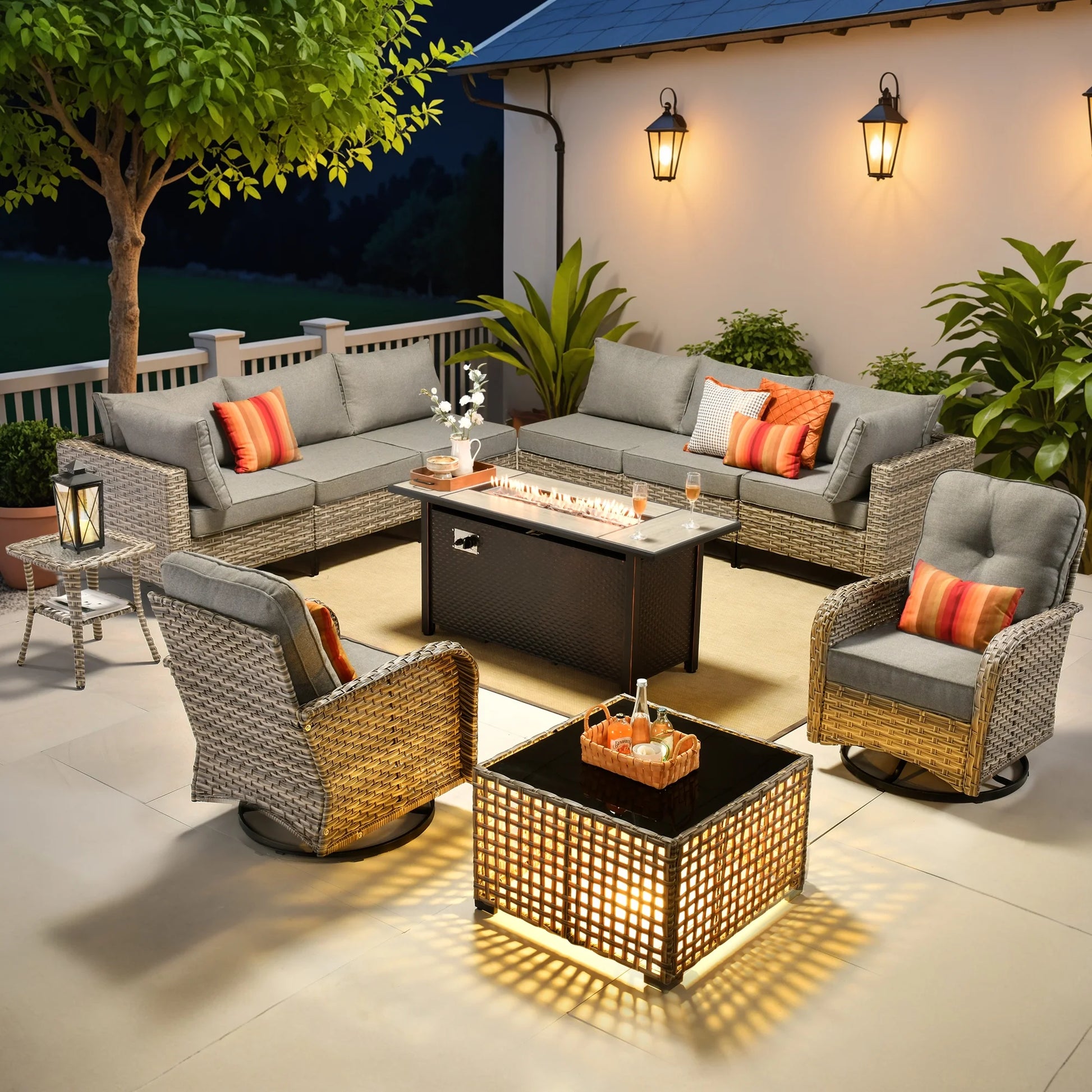 Ovios 11 Pieces Patio Outdoor Furniture Conversation Set with 54" Fire Pit Wicker Outdoor Sectional with Swivel Chair & Solar-Powered Table